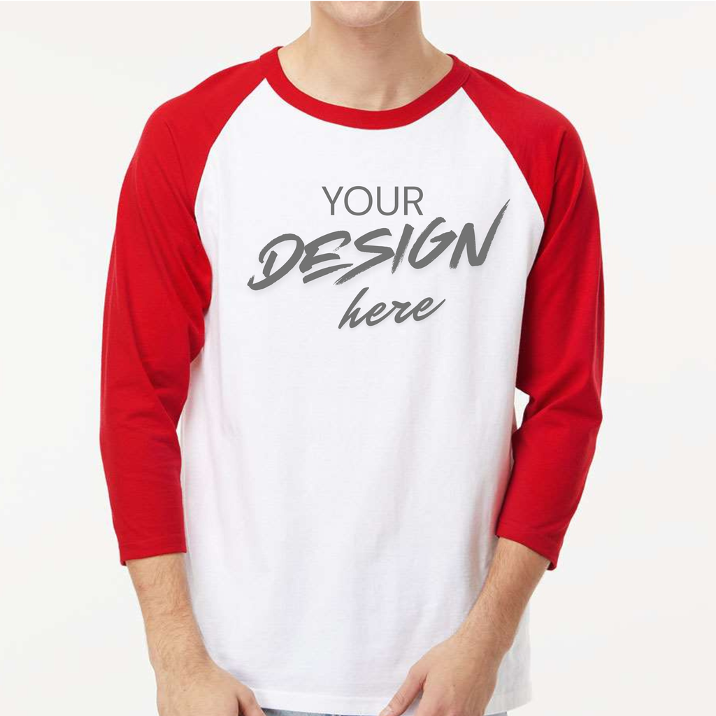Red and white baseball shirt with 'Your Design Here' text on a plain background