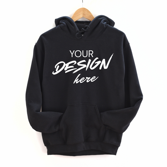 Black hoodie with 'Your Design Here' text on a white background